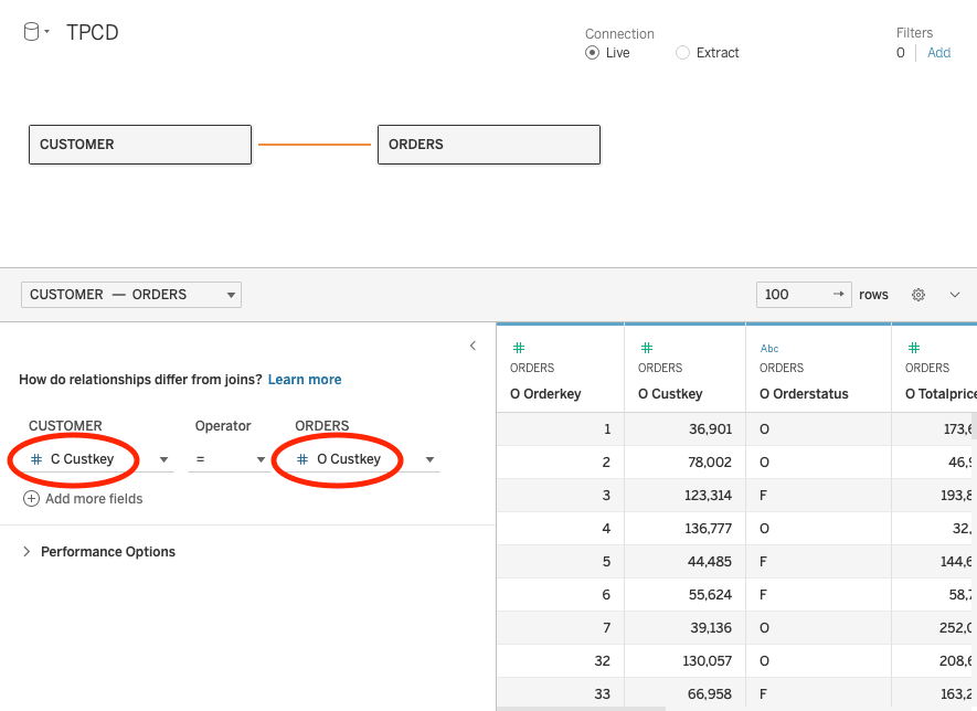 Tableau 关系编辑器,显示使用 Custkey 字段连接 CUSTOMER 和 ORDERS 表