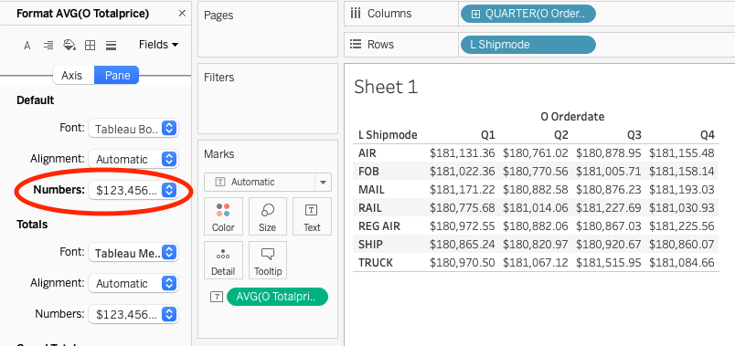 Tableau 交叉表,显示按季度和运输方式统计的平均订单金额,并采用货币格式