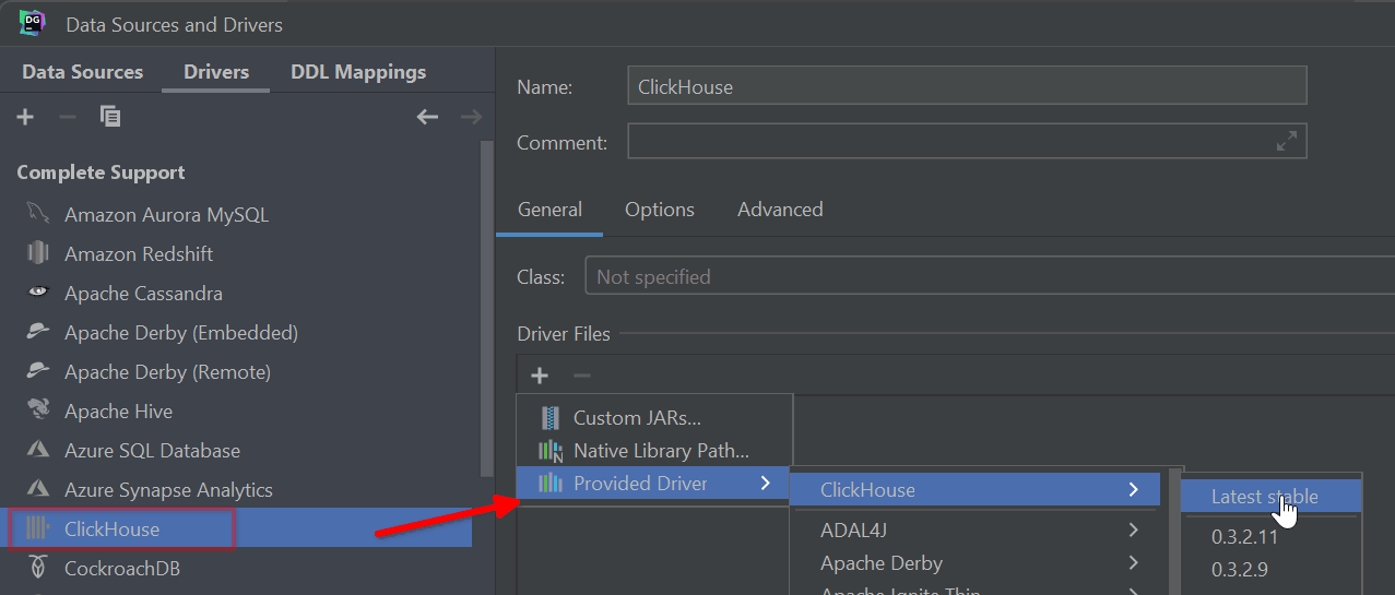 DataGrip の Drivers タブに ClickHouse ドライバーのインストールが表示されている