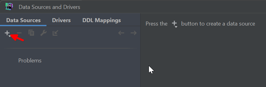 DataGrip の Data Sources タブで + アイコンが強調表示されている