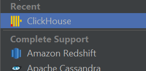 DataGrip でデータソース一覧から ClickHouse を選択している