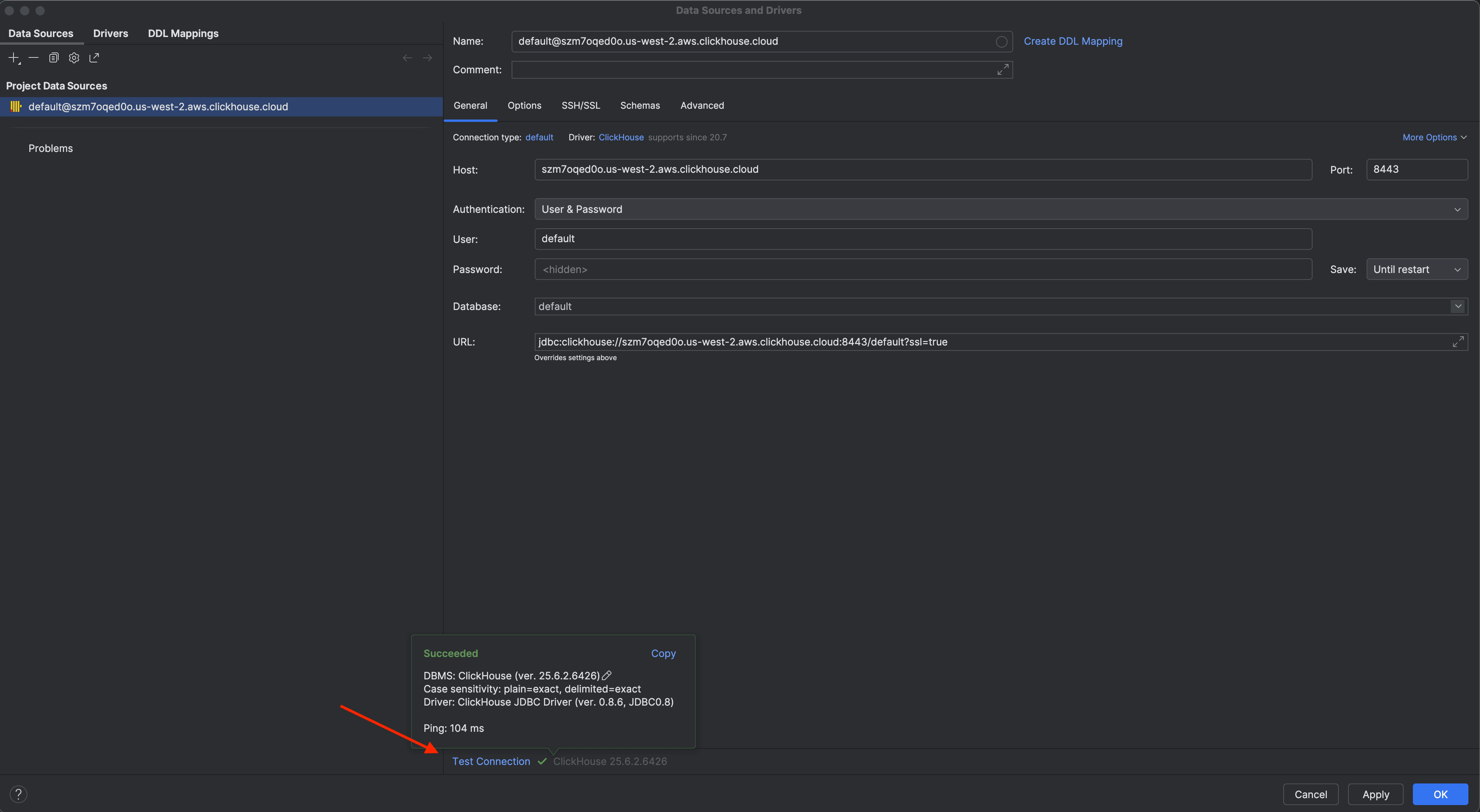 ClickHouse 設定を含む DataGrip の接続情報フォーム