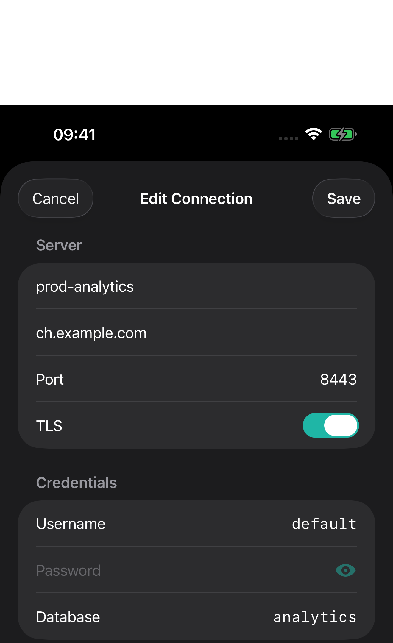 ClickHouse ユーザー名を使用し、ポート 8443 の HTTPS 向けに設定された ProbeDeck の接続フォーム