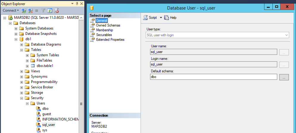 Utilisateur de base de données MSSQL associé à un compte de connexion