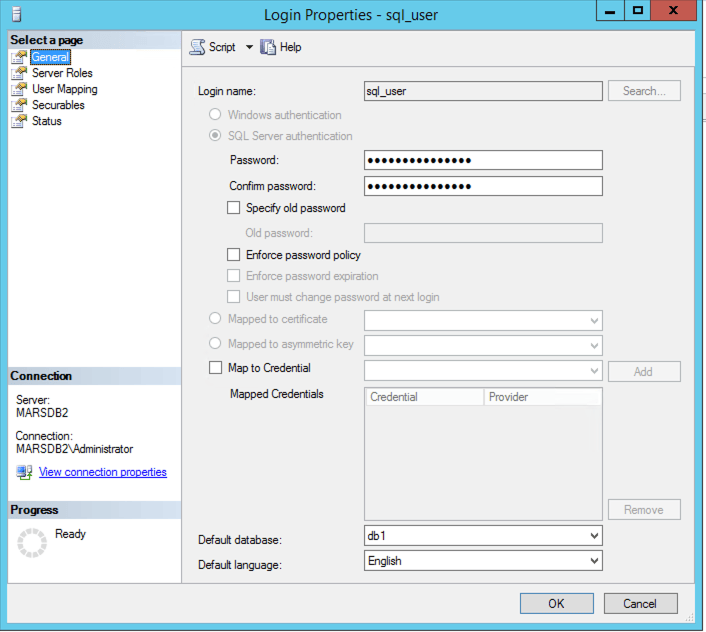 Configuration du compte de connexion MSSQL