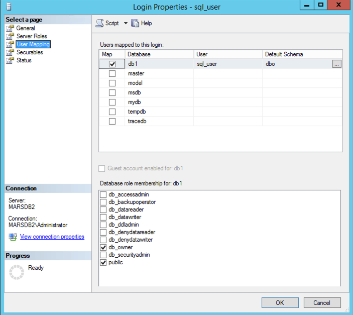 Rôles de base de données MSSQL attribués