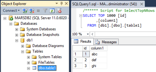 Structure de la base de données et de la table MSSQL