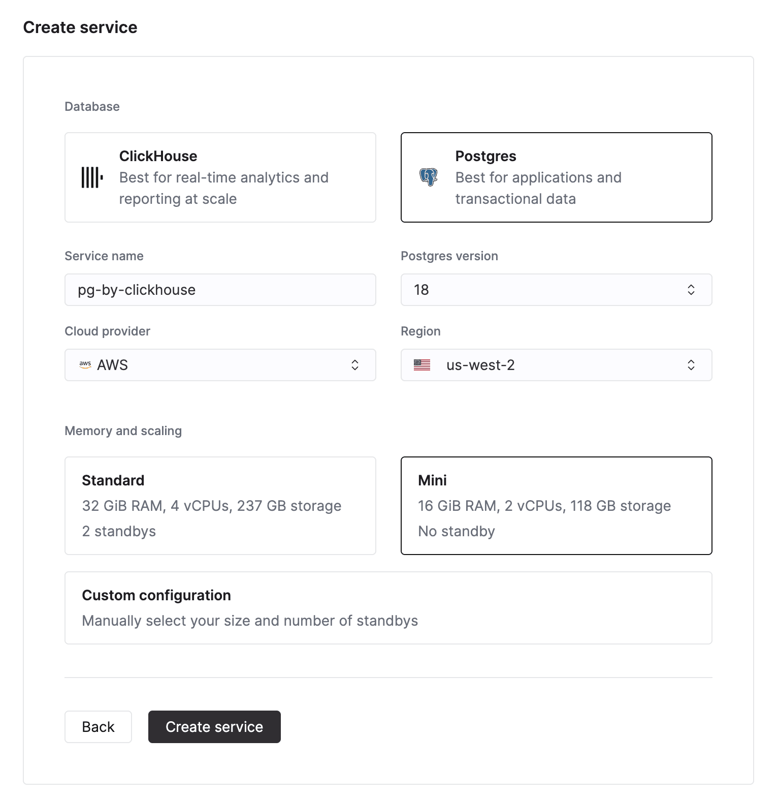 أنشئ مثيل ClickHouse Managed Postgres