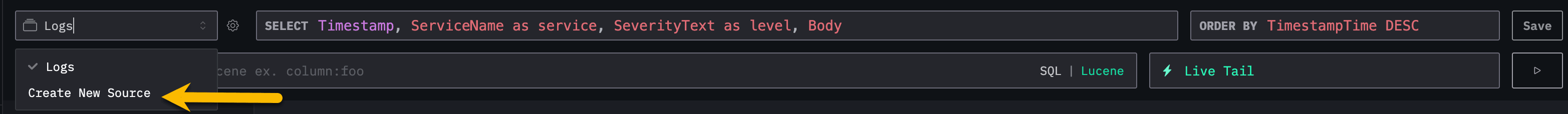 ClickStack create new source